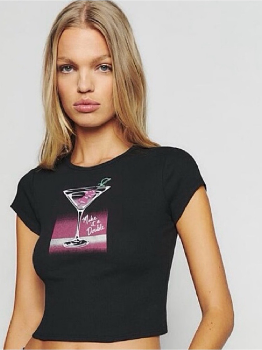 Reformation Black Crop Tee with Pink Martini Graphic